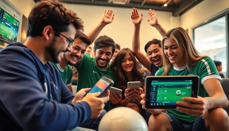 Dynamic scene of trang cá cược bóng đá with diverse individuals engaging in football betting activities online.