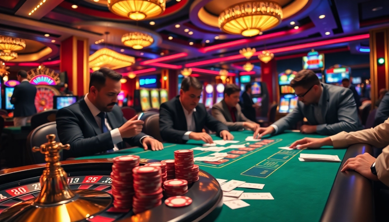 x88 casino atmosphere with players at a high-stakes table and shining slot machines