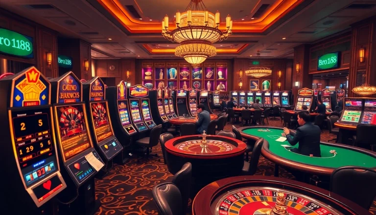 Experience thrilling slot action on bro138 with vibrant machines in a luxurious casino setting.