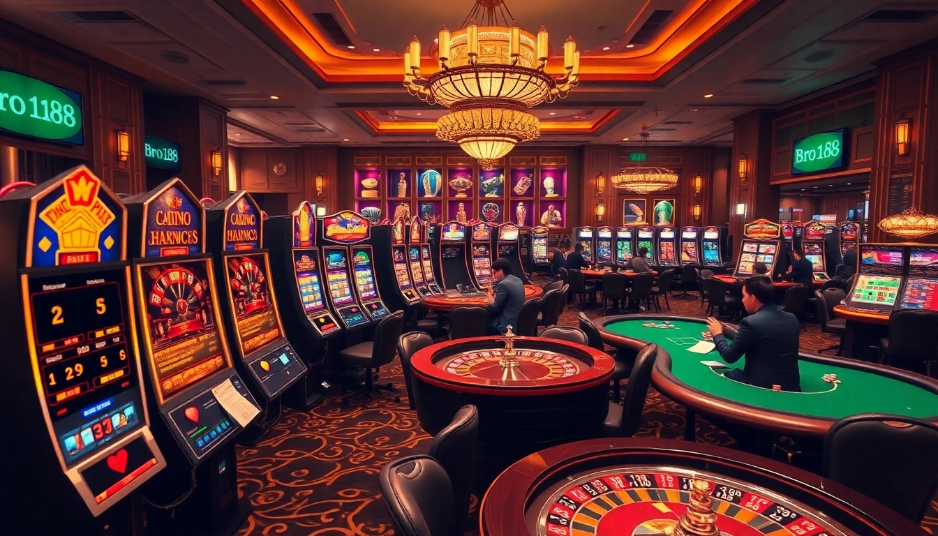 Experience thrilling slot action on bro138 with vibrant machines in a luxurious casino setting.