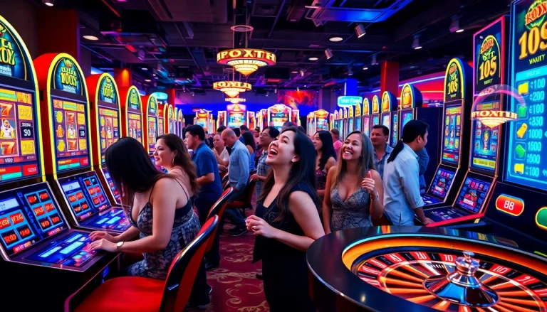 Players enjoying slot machines at Bro138 with vibrant lights and casino atmosphere.