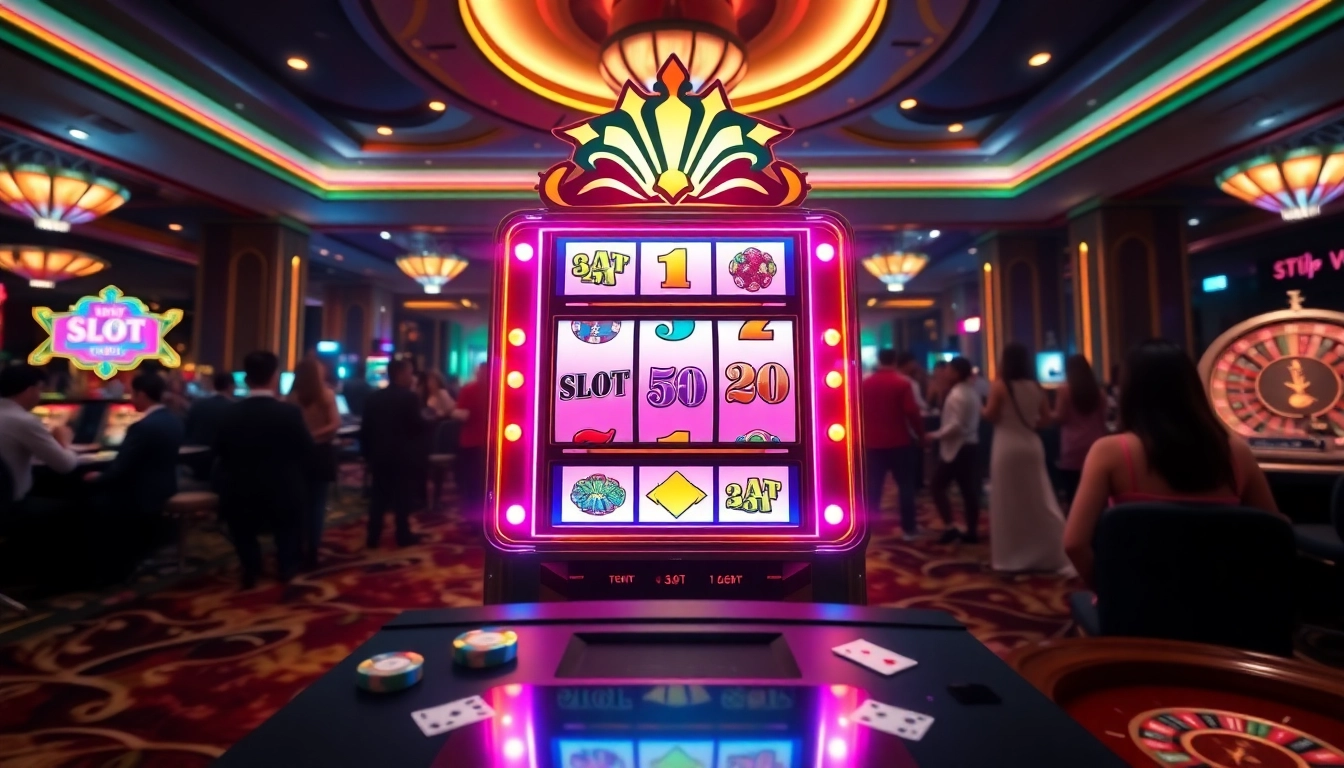 Playing slot online apiraja88 in a luxurious casino setting filled with vibrant colors and excited players.