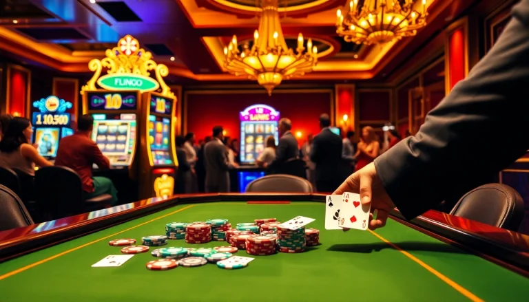 Pahala4d poker table setting with colorful chips and excited players capturing luxury gaming atmosphere.