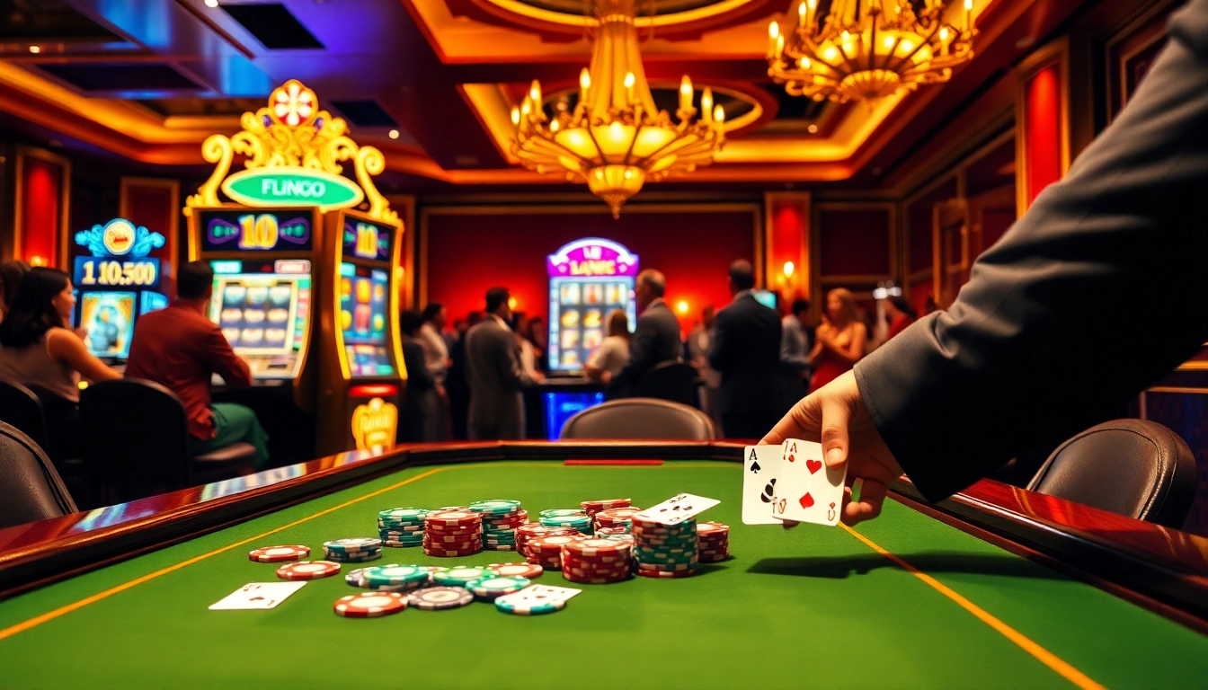 Pahala4d poker table setting with colorful chips and excited players capturing luxury gaming atmosphere.