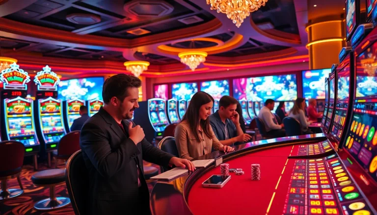 Engaged players enjoying the slot online apiraja88 experience at a vibrant casino interior.