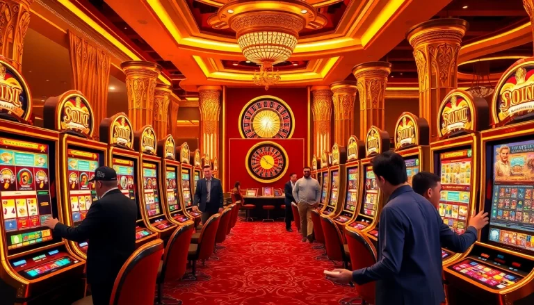 Excited players engaging with luxurious slot terpercaya machines in a vibrant casino setting.