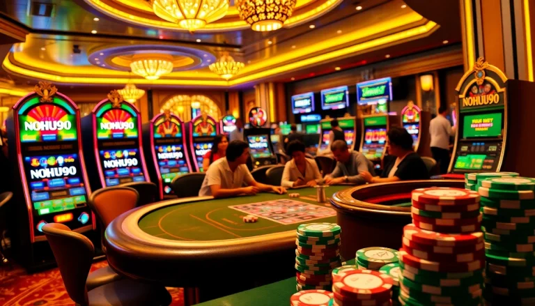 Nohu90 casino scene with poker game, roulette wheel, and vibrant slot machines.