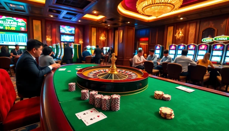 Experience the thrill of pengeluaran china with poker chips and roulette wheel in a vibrant casino.