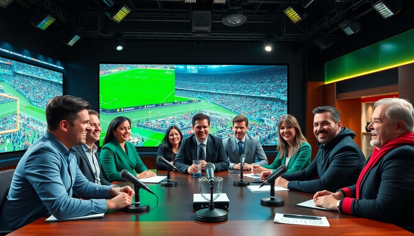 Conducting sports broadcasting analysis in a vibrant studio with dynamic visuals.