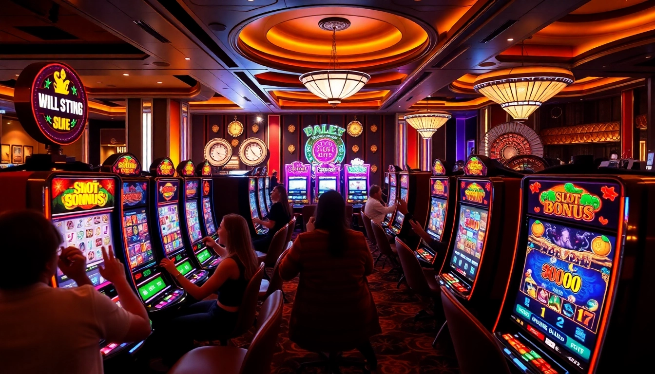 Excited players at luxurious casino slots, discovering enticing slot bonus offers.