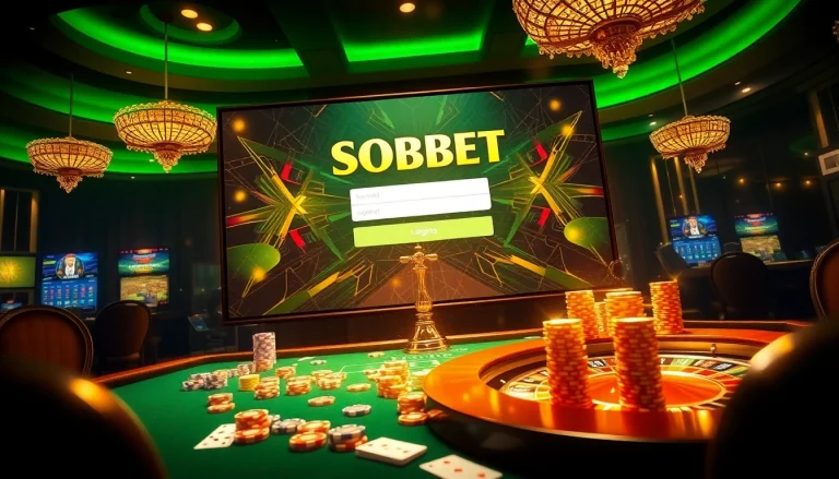 Sbobet login indonesia highlighted on a luxurious casino interface with poker chips and roulette wheel.