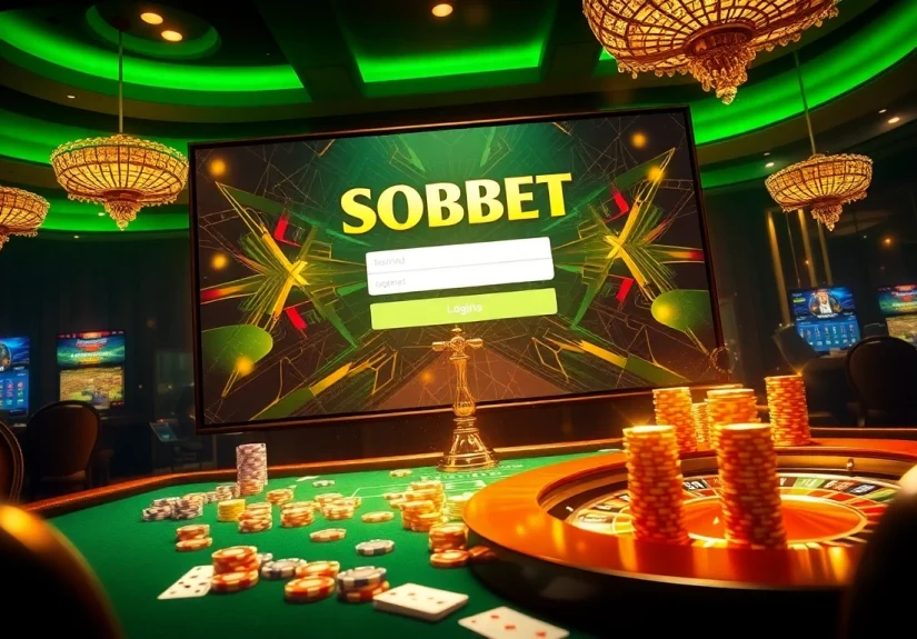Sbobet login indonesia highlighted on a luxurious casino interface with poker chips and roulette wheel.