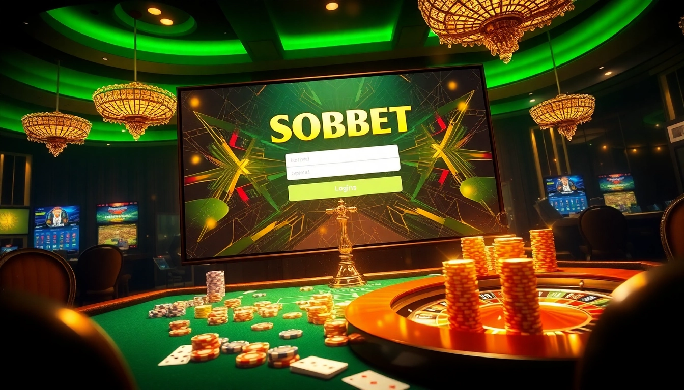 Sbobet login indonesia highlighted on a luxurious casino interface with poker chips and roulette wheel.