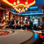 Engaging players at LC88 casino with vibrant poker chips, a roulette wheel, and slot machines.