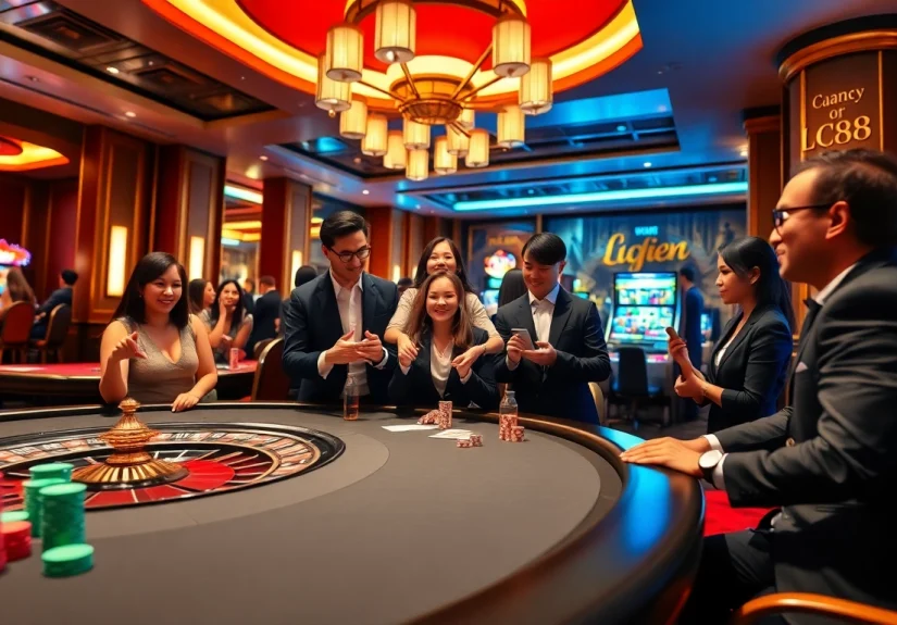 Engaging players at LC88 casino with vibrant poker chips, a roulette wheel, and slot machines.