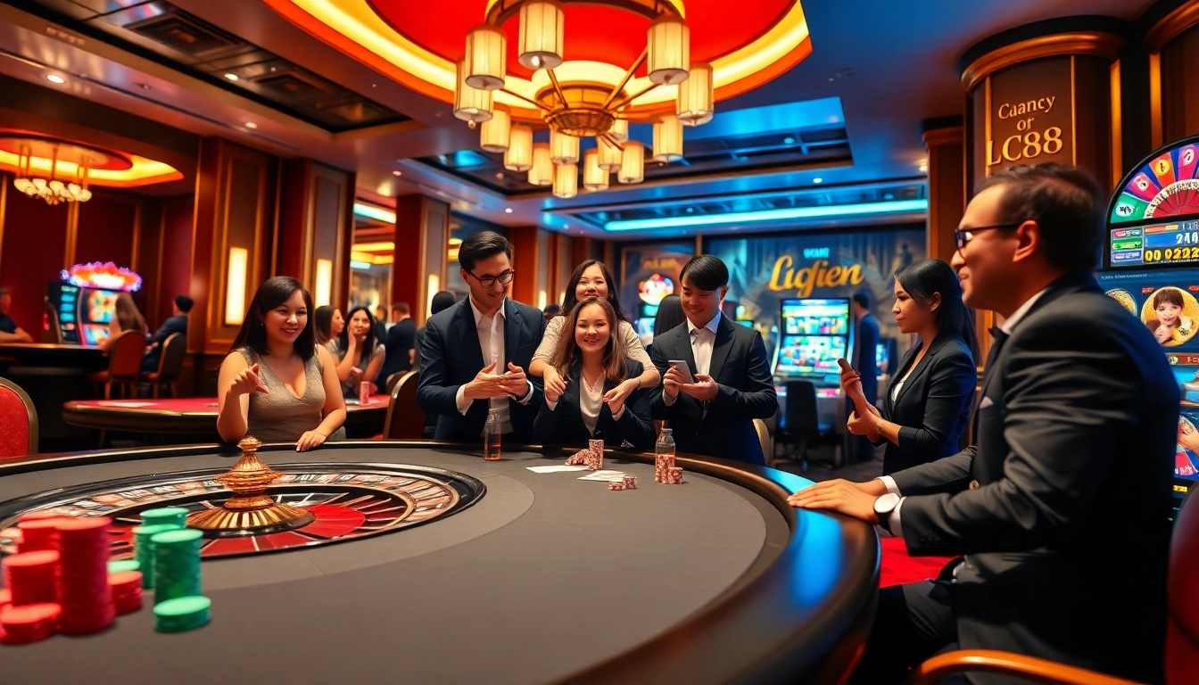 Engaging players at LC88 casino with vibrant poker chips, a roulette wheel, and slot machines.