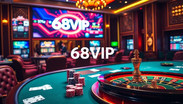 Engage with 68VIP's luxurious casino experience featuring vibrant poker chips and a roulette wheel.